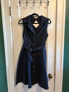 Sleeveless Button-Front Midi Dress in Navy with Belt